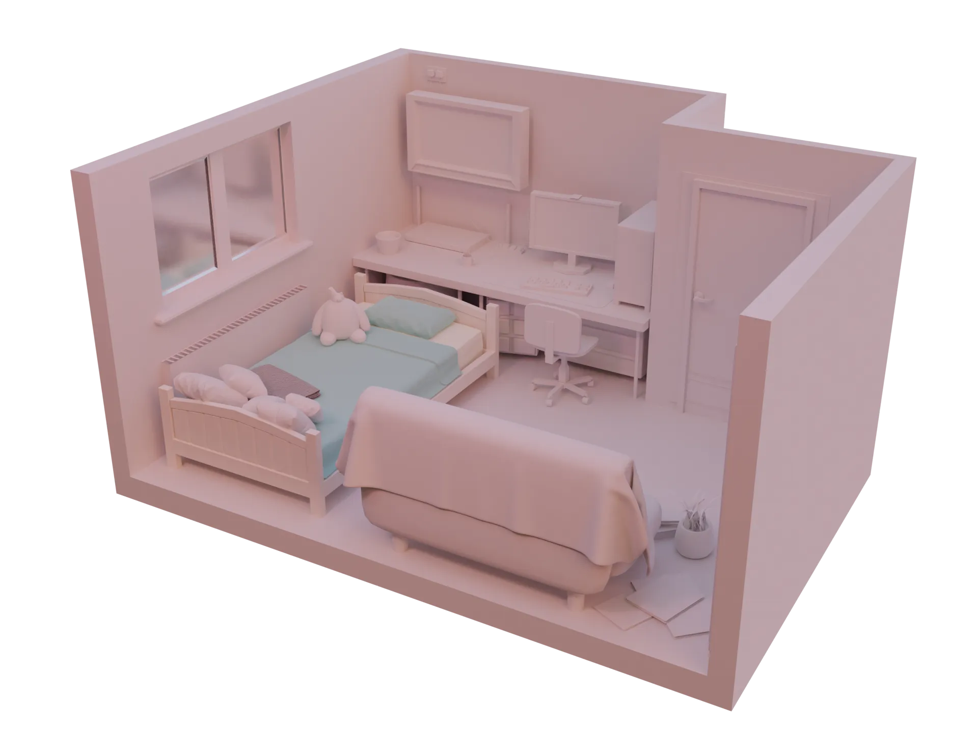 a 3d clay render of a bedroom with a single bed, a sofa bed couch, a tv on the wall, built in wardrobes and a double window